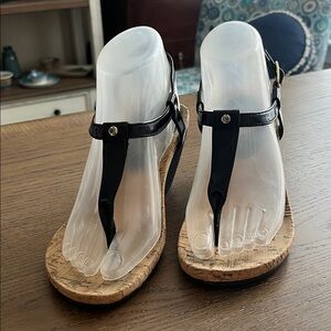 Lauren Ralph Lauren Rosalia T-strap Black Patent Thong Cork Wedge Sandal